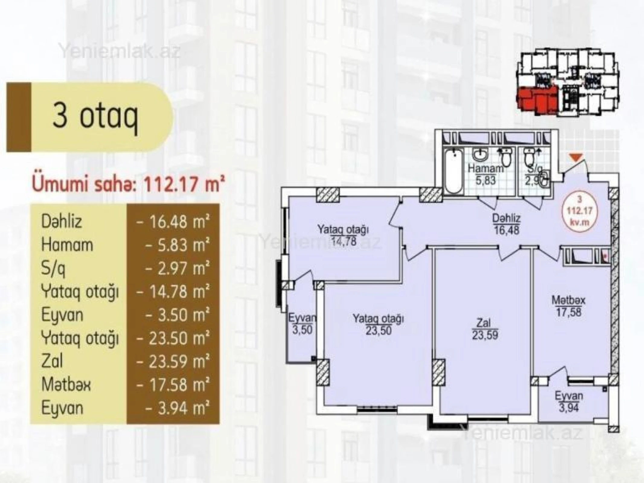 Satılır 3 otaqlı yeni tikili 113 m²