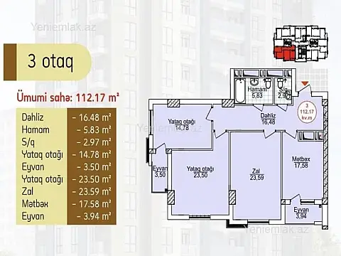 Satılır 3 otaqlı yeni tikili 113 m²