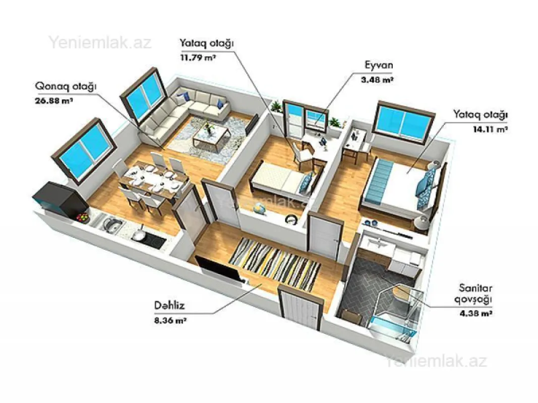 Satılır 3 otaqlı yeni tikili 68 m²