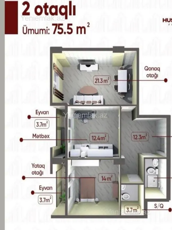 Satılır 2 otaqlı yeni tikili 75.5 m²