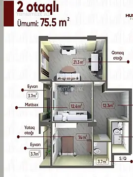 Satılır 2 otaqlı yeni tikili 75.5 m²