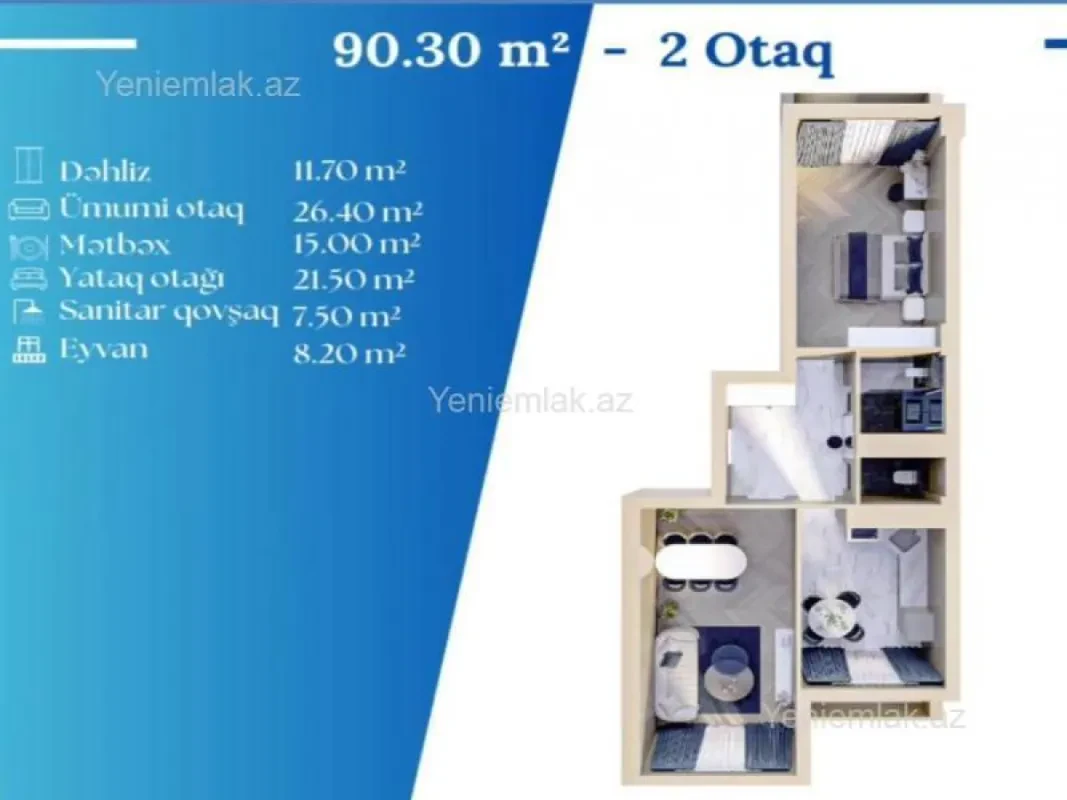 Satılır 2 otaqlı yeni tikili 91 m²