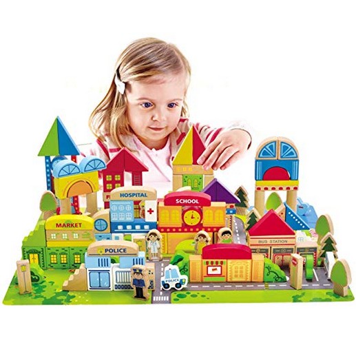Hape City Building Blocks Colored Wood Blocks with Playscape 