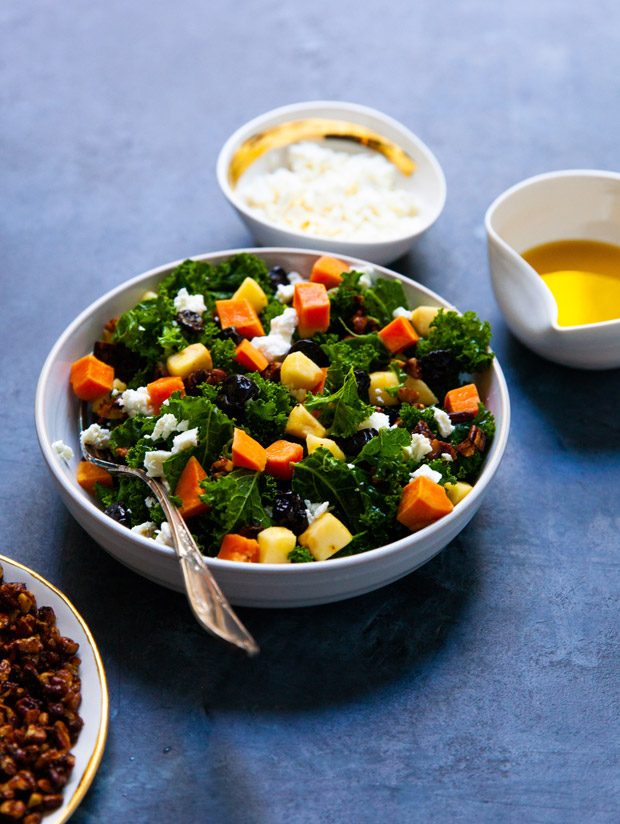 Harvest Kale Salad with Roasted Apple, Sweet Potato and Candied Pecans