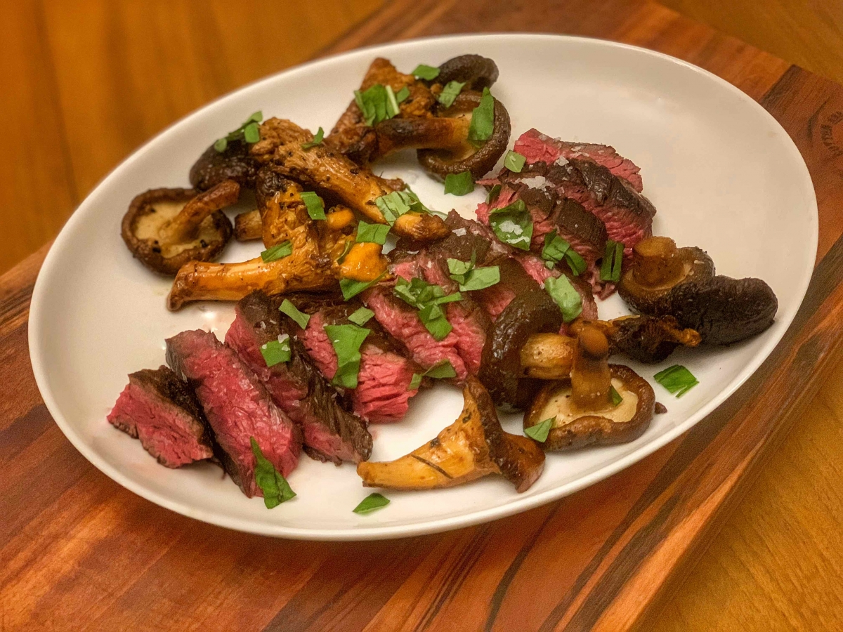 Sous Vide Hanger Steak with Duck Fat Wild Mushrooms