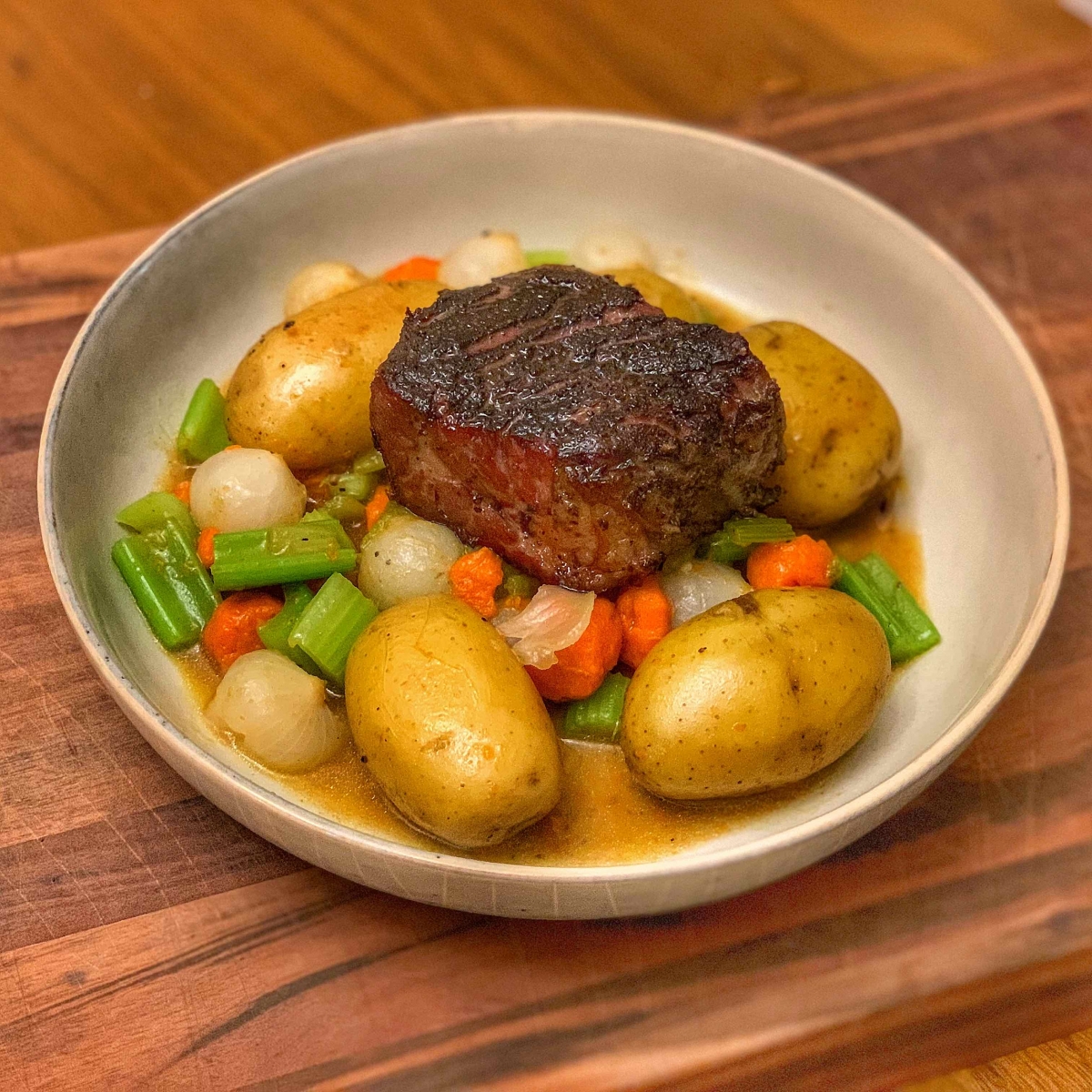 Sous Vide Short Rib with Pearl Onions, Carrots, and Potatoes
