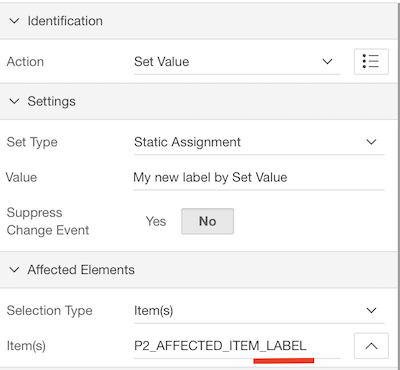 Use the Set Value dynamic action but add _LABEL to change the label of the item