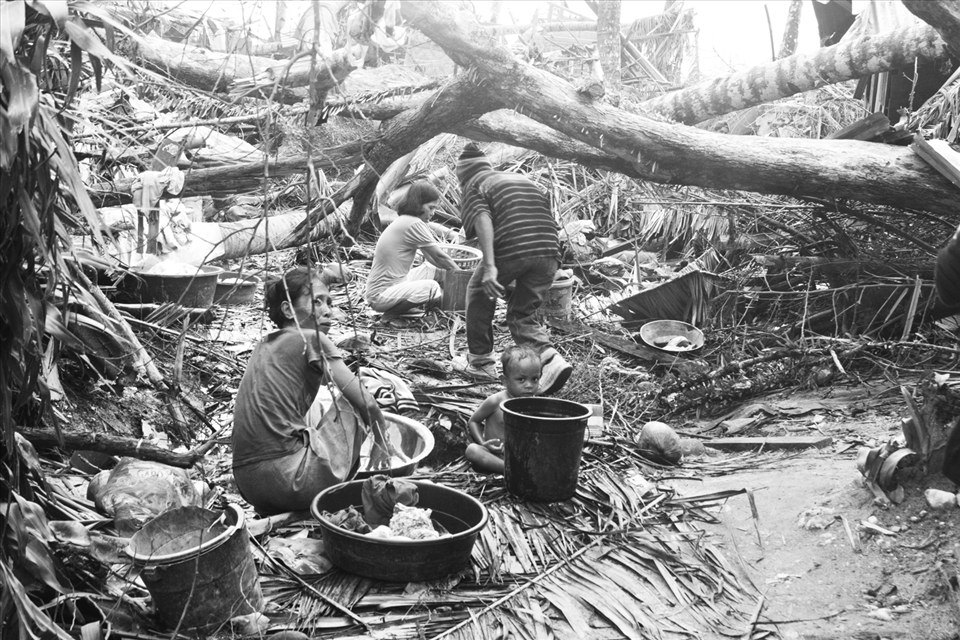 Evacuation center collapsed in Cateel.  Residents are currently living amidst debris. 