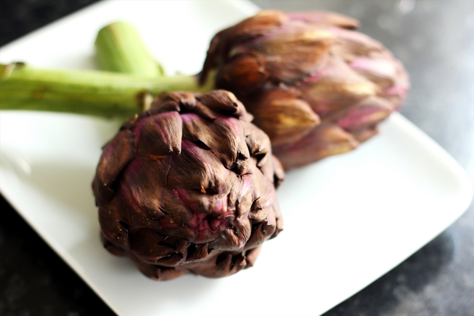 Purple artichokes before prepartion.