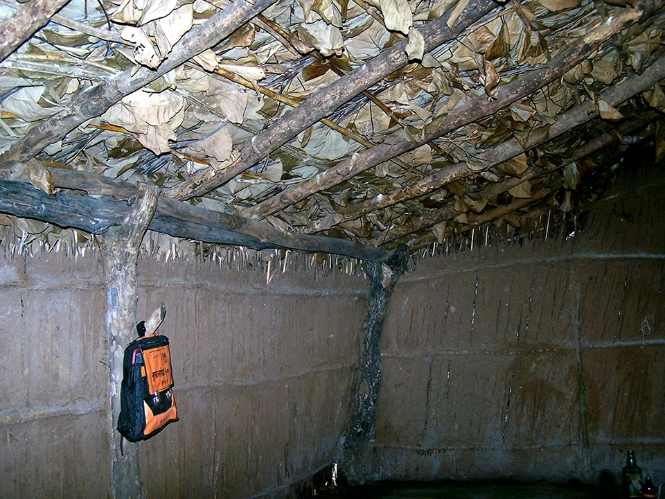 Home with bamboo walls, covered with cow dung & clay. Roof made from leafs & a school bag. Eager to learn and explore the world.