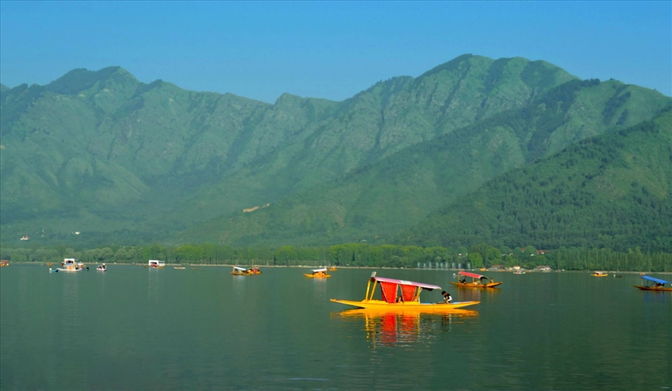Heart of the city - Dal lake.  Mostly frozen for the rest of the year, surrounded by Great Himalayan Mountain range,Yellow Boat is Known as 'Shikara'.