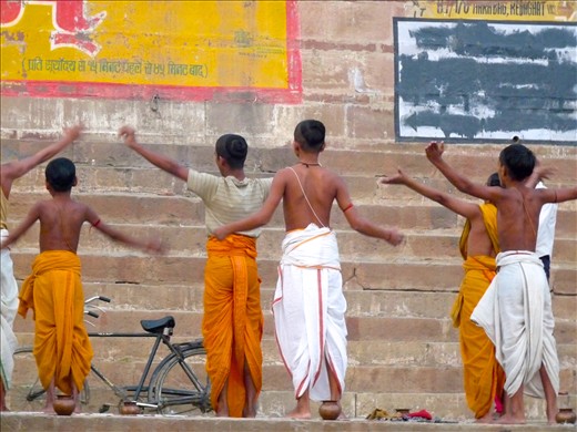 The morning rituals are not restricted to the elderly. Young Hindus meditate as the morning sun rises. 