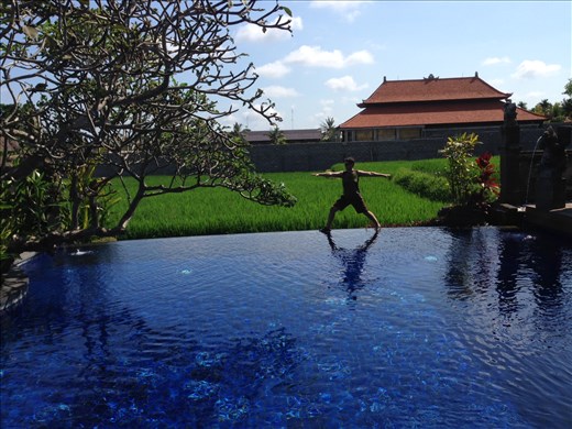 I just couldn't stop doing yoga (warrior 1 pose) (with very nice pool)