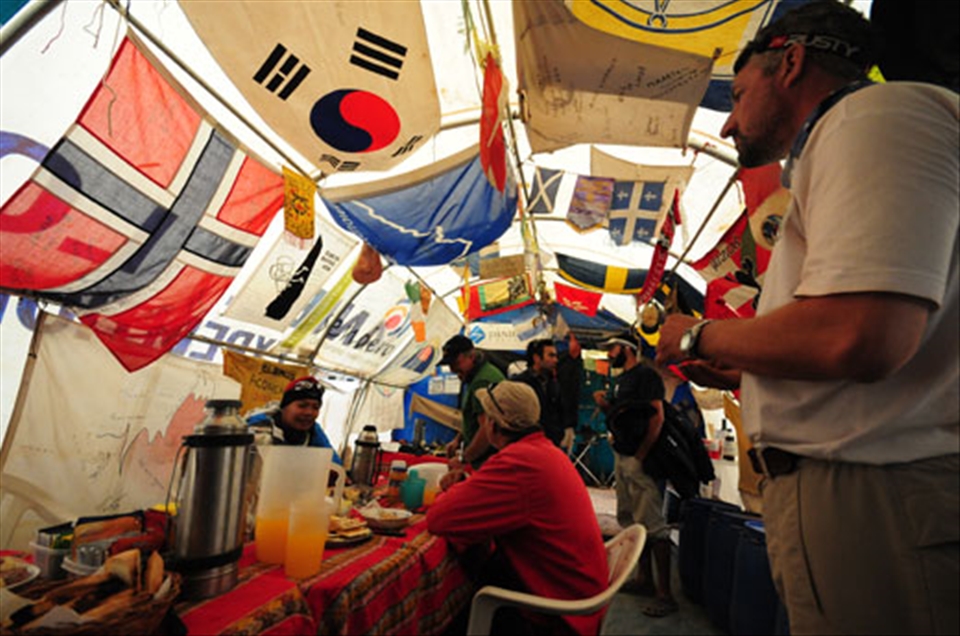 Porters commune with each other at one of the lower camps of Mt. Aconcagua