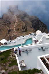 View over Hotel, Caldera Cliff and Mountain in Imerovigli, Santorini, Greece.: by adamadams, Views[622]