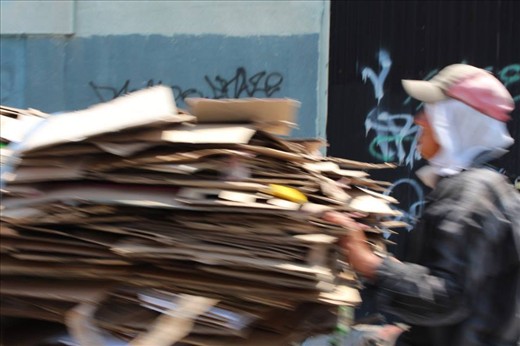 Collecting cardboard for a living.