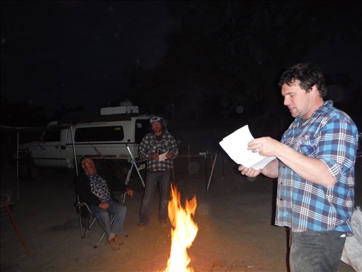 Dave on his 44th birthday reading poem he'd written.  Cooper Creek, Innamincka.
