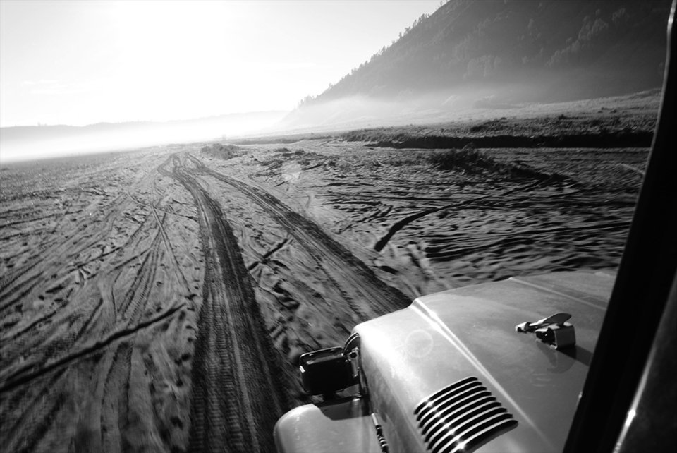Fata Morgana. Drive through the desert of Bromo Tengger National Park.