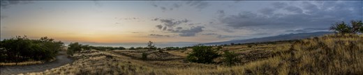 Following the road to the sea, I stopped to capture this panorama of Kohala mountain and the rolling hills during sunset. 