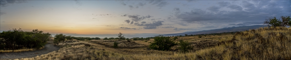 Following the road to the sea, I stopped to capture this panorama of Kohala mountain and the rolling hills during sunset. 