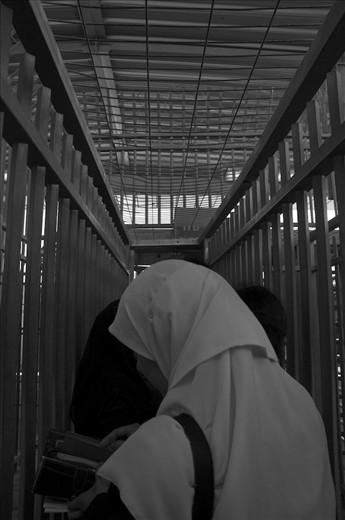 Check point between Israel and the West Bank. A long and narrow corridor. 