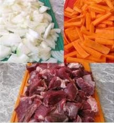 Cut meat, onion, carrot with love and pleasure