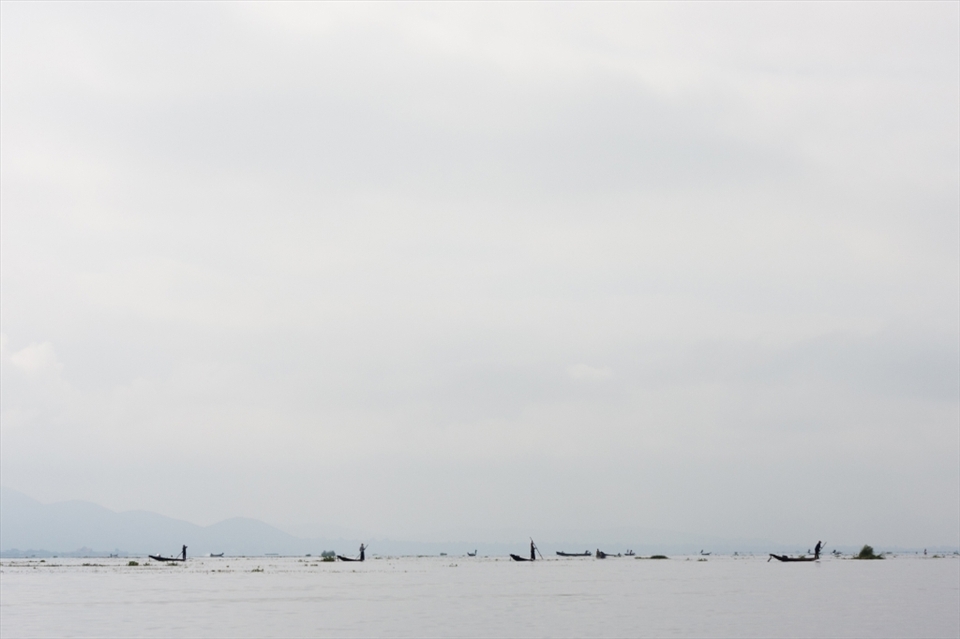 After renting a boat in Nyaungshwe main dock, we set out one morning to discover how the locals spend their mornings on Inle Lake. On the pale horizon small dots occur separating the sky and the lake. They move in a group as a fish shoal united in one cause - to bring home the bacon or in this case fish. 