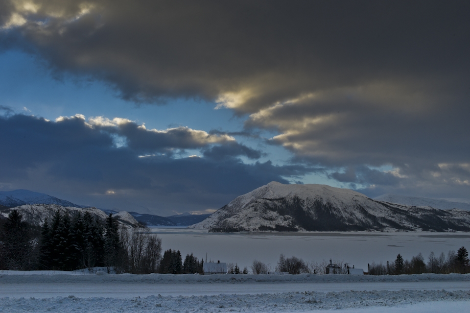 View from the village of Hemnesberget across the fjord in Nordland Norway.