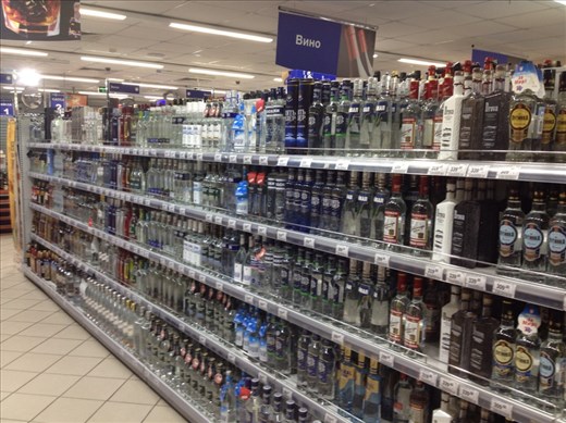 Vodka aisle at small supermarket in Yekaterinburg.