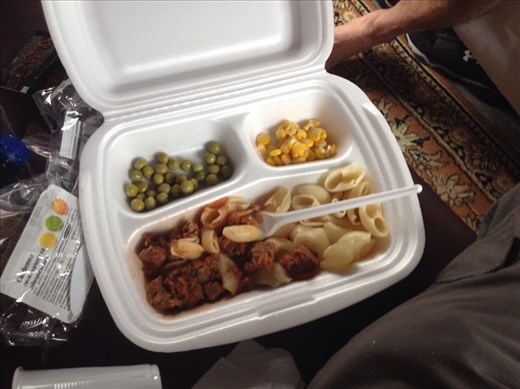 Meat and pasta meal provided on train from Yekaterinburg to Irkutsk.