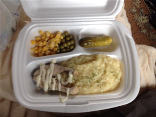 Salmon and cold mashed potato meal provided on train from Yekaterinburg to Irkutsk.