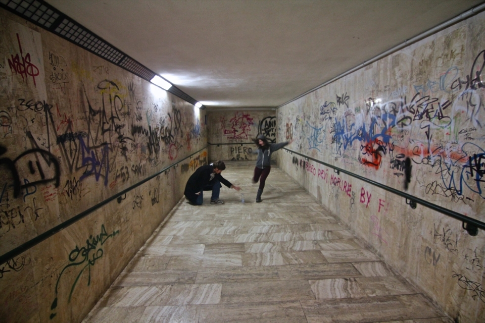 The subway path between the two platforms had a real character to it. The dim lighting with colourful graffiti, and beautiful local stone made a great setting for us playing a little plastic bottle football to pass the time, as we waited for our train. 