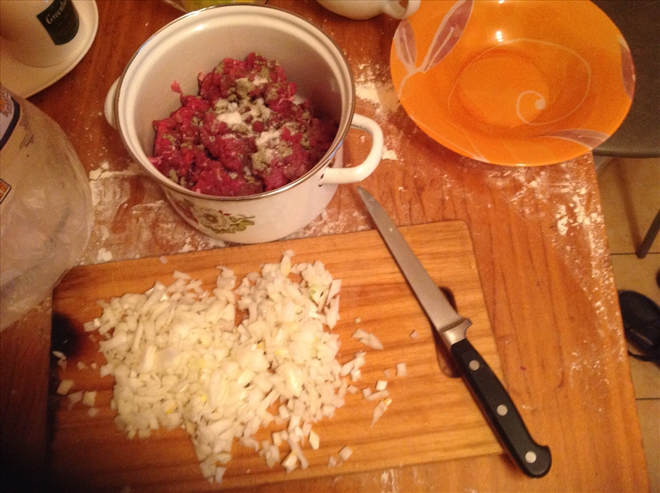 Cut meat, onion, add pepper, water and mix it by hands