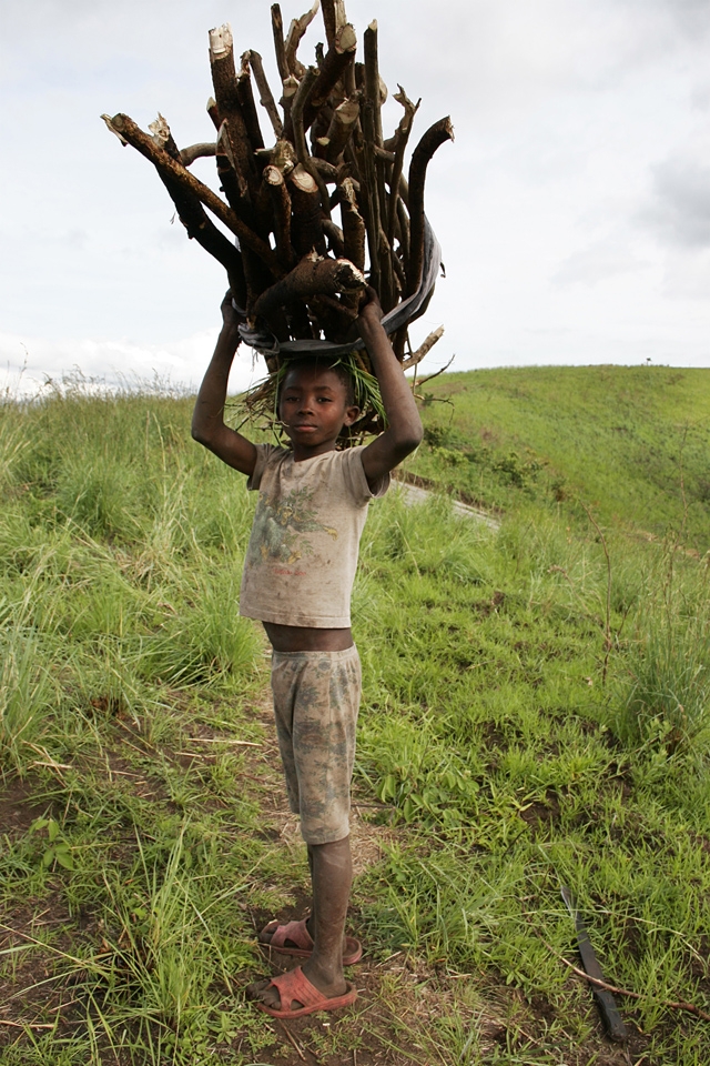 african boy with firewood on his head return home after collecting firewood