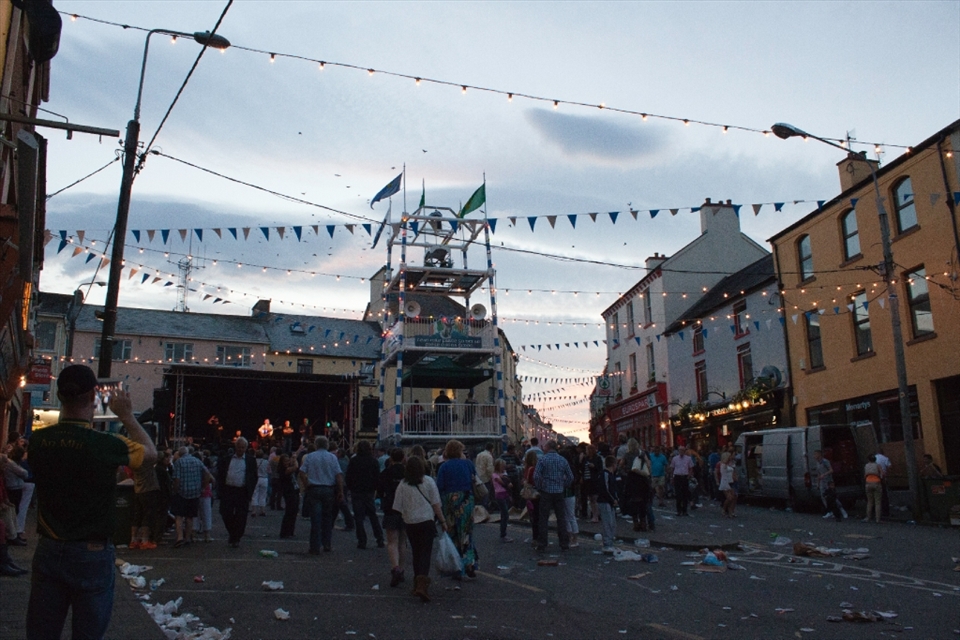 As evening settles in Killorglin, the families head home, the vendors pack up and only litter remains as evidence of the day's activities. But not to waste a perfect summer's night, preparations begin for the evening festivities.