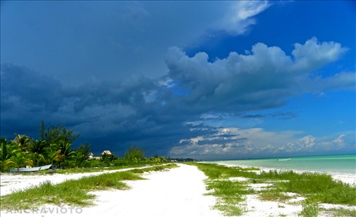 A storm rages near the island but the place itself remains unaffected. 