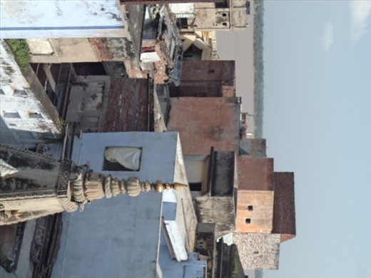 Roof top overlooking temples and river in Varanassi