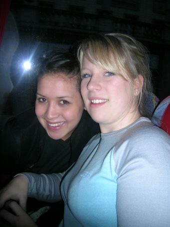 sare n kayley on bus trip after big night
