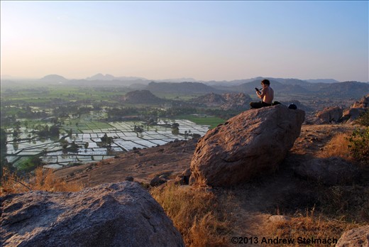 Mattheus playing his uke overlooking a beautiful sunset near Hampi, India.
