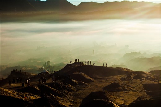 People gathers around the crater of Mt.Bromo early morning. Bromo Mountain has been widely known as one of the best place to view sunrise.