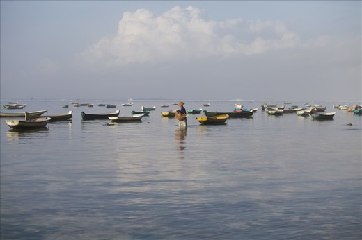 A farmer looking for seaweed on the surface. Seaweed has price of only Rp 3,000 (77 US cents) to Rp 4,000 per kilogram.