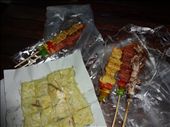 Beef, chicken, and octupus skewers for dinner.  For dessert, a banana pancake.  : by anealis314, Views[397]