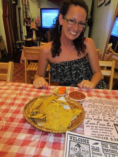 Mexican food!  Chips were homemade corn chips and some of the best damn tortilla chips we've ever had.  (We had a lengthy discussion about it.)  