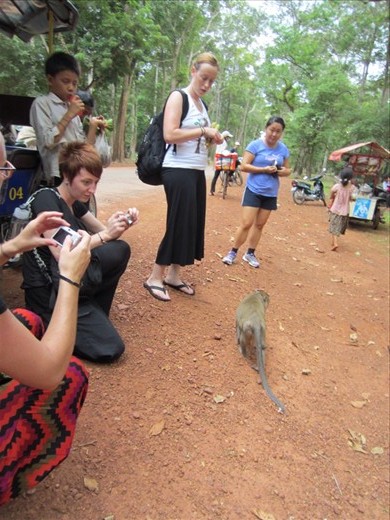 Sadie's only request:  monkeys.  We happened upon them between Angkor Wat and Angkor Thom, so fruit was bought to feed them.  She was pretty excited when she spotted them.  Like, almost peed her pants excited.  (She's going to kill me for tell you that!)
