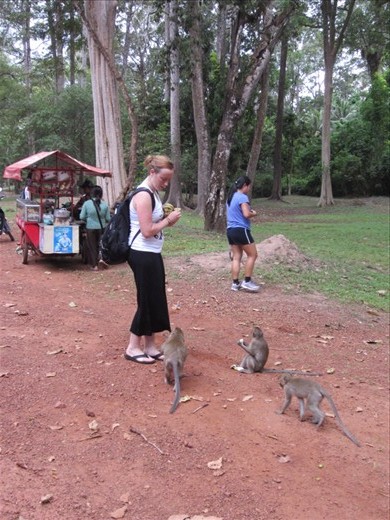 No pictures of it, but at one point, a monkey actually climbed up her pants leg.  