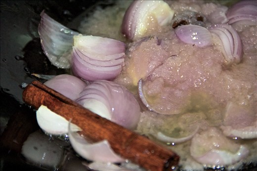 Saute onions, garlic and ginger into mixed spices, till onions turn translucent.