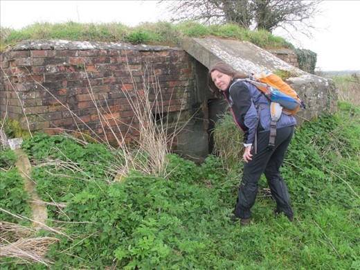 Peering at a WWII bunker in the middle of a field.