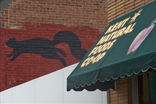 Symbols of Kent: the black squirrel (our mascot) and the natural foods store.
