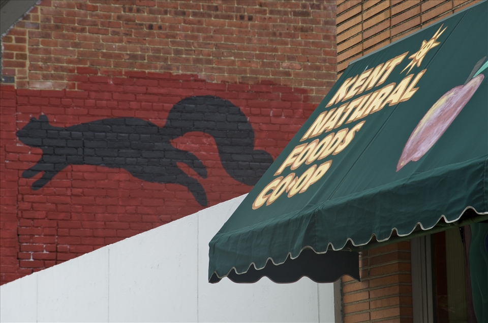 Symbols of Kent: the black squirrel (our mascot) and the natural foods store.