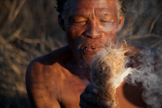San elder blowing on smoking grass to start fire by hand. The grass was ignited by rubbing to sticks together. Ghanzi, Botswana.